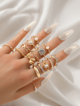 15 件波西米亚风格蝴蝶结可叠戴戒指套装，适合女士，适合日常佩戴、度假、派对、礼物