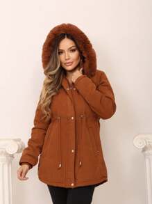 WOMEN'S PARKA COAT IN TWILL LINED WITH REMOVABLE HOOD, COMFORTABLE, STYLISH, PREMIUM - Kamel - Visa 1