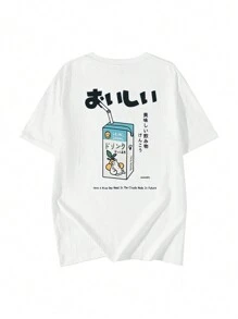 女士休闲宽松白色日系可爱牛奶图案印花短袖T恤，夏季 - 白色 - 查看 4