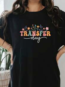 Transfer Day IVF Flowers IVF Transfer Day Couple T-Shirt Print T-Shirt, Short Sleeve Round Neck Casual Top For Summer & Spring, Women's Clothing - Black - View 1