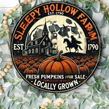 1 Pc Vintage Wooden Sleepy Hollow Farm Round Sign, 7.8 Inch, Rustic Wood Wall Art For Home, Bar, Cafe And Garage Decor, Great Gift For Friends And Family, Random Hole Pattern