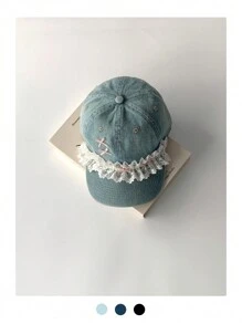 1顶蓝色软顶蕾丝边牛仔宽檐棒球帽，可爱女孩小脸型修饰脸型，超大帽檐百搭帽，新款可爱复古水洗户外加长帽檐帽，夏季沙滩 - 彩色 - 查看 10