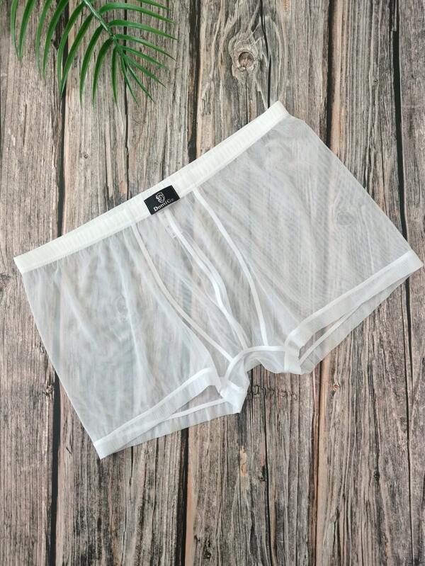 DomiGe ملابس داخلية بيضاء جذابة قطعة واحدة، سروال داخلي رجالي مشدود بخصر منخفض من الشبكة المرنة وشفافة