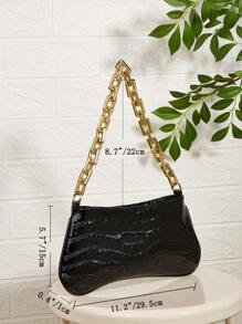 Snake Skin Acrylic Gold Chain Decor Shoulder Underarm Baguette Bag - Black - View 3