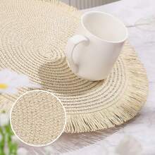 1 pezzo Sottopiatto rotondo intrecciato, tovaglietta in carta con nappe, sottopiatto antiscivolo fatto a mano resistente al calore, tappetino per tazze da tè, decorazione per tavolo da pranzo - Multicolore - Visualizzare 10