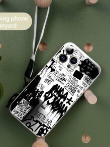 Slogan 1pc White TPU Spray Paint Patchwork Pattern Shockproof Phone Case And 1pc White Lanyard Strap Compatible With IPhone Cases/Matching Phone Cases/Fun Phone Cases/Android Phone Cases/ Phone Cases/ Phone Cases/OPPO Phone Cases, Compatible With Iphone 16 Pro Max/ A14/A54/A52/A31 4G/A23, Redmi Note 8 Pro/11 Pro 4G/12 4G, OPPO A54