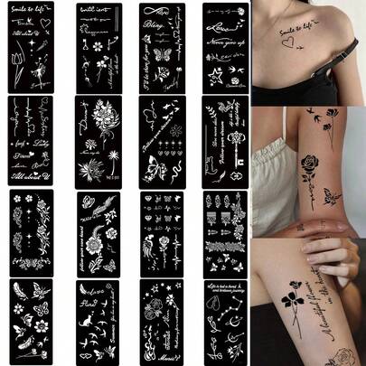 Bộ 6 miếng dán hình xăm rỗng, nhiều họa tiết bao gồm hoa, bướm, hoa hồng, ngôi sao, trái tim, thích hợp cho các cặp đôi, chống thấm nước và có thể dán ở ngón tay, tai, vai, cổ, xương đòn, dành cho cả nam và nữ