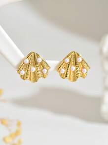 VceTd 一对不锈钢耳环，饰以白色塑料珠，贝壳造型，适合女性在海滩度假或派对上佩戴，海洋元素 - 金黃色 - 查看 4