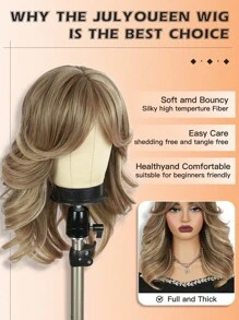 编织假发优雅卷发波浪中长女士假发 - 唐长纤维，玫瑰网帽，150% 密度，适合所有人 - 棕色 - 查看 4