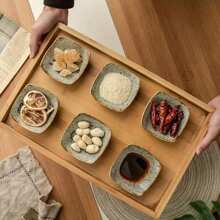 1pc Ceramic Square Dip Dish, Sushi Plate, Condiment Dish, Soy Sauce Plate, Cartoon Retro Dessert Tray For Restaurant And Home