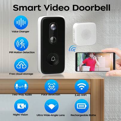 2K Smart Wireless Doorbell Camera, Home Entry Intercom, Tri-Color Night Vision Monitoring, 2.4G WiFi, Rechargeable Security Doorbell, PIR Motion Sensor, Two-Way Audio, Voice Changer Function, No Drilling Or Wiring Required, Tamper Alarm, Free Cloud Storage, Perfect Holiday Gif