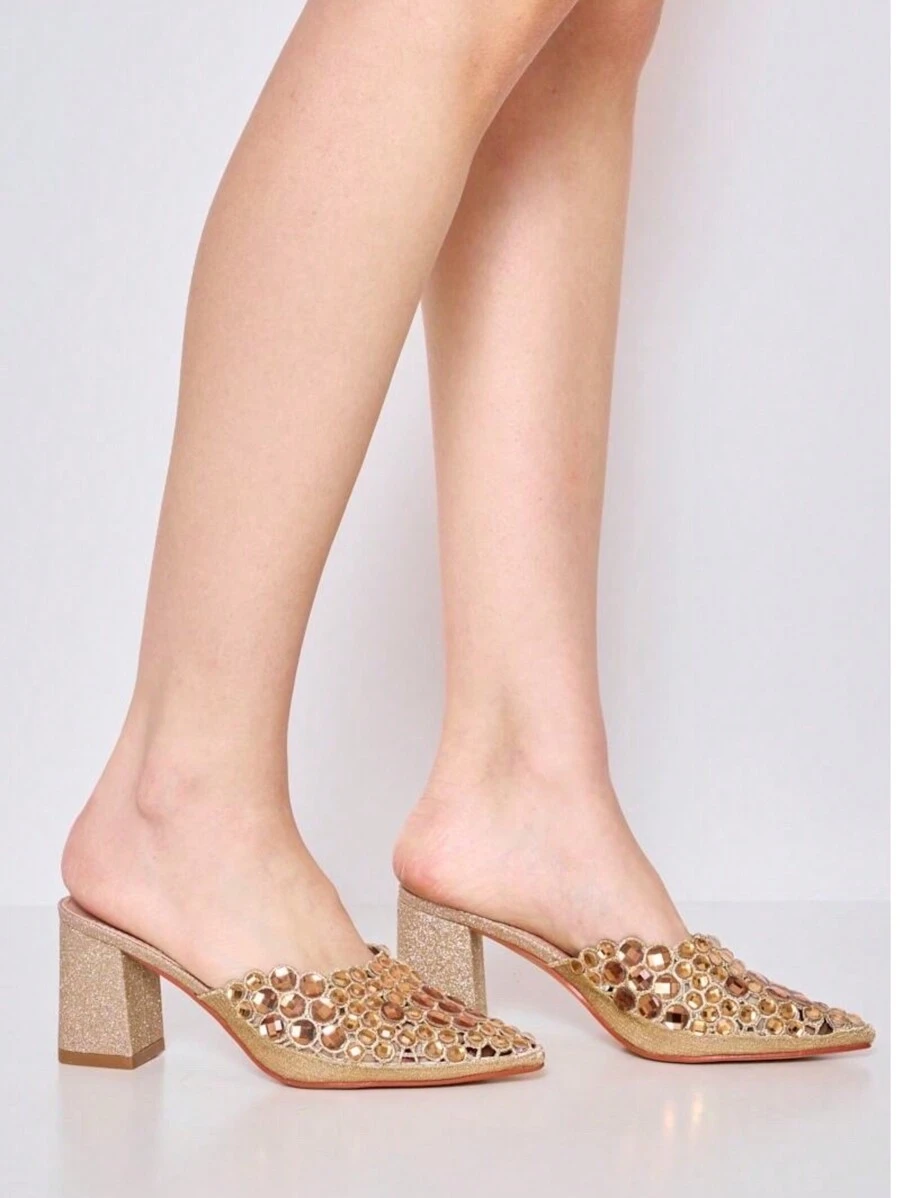 Damen Spitz zulaufende Stilettos mit Strass-Verzierung, minimalistischer Stil, Lässig Alltagstragen, stilvolle Sommersandalen für Frauen - Gold - Übersicht 1