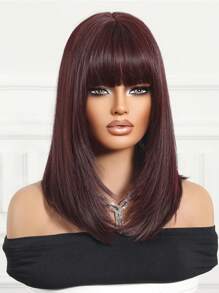 Comfortable Natural Bend 14-Inch Burgundy Short Bob Wig With Bangs Layered Fashion Wig For Women Synthetic Fiber Wigs Perfect For Holiday Travel Family Gatherings Everyday Wigs - 酒紅色 - 查看 6