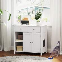 Cat Litter Box Enclosure Hidden Cat Washroom Side Cabinet W/ 2 Drawers - White - View 2