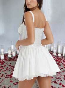 Women's Square Neck Bustier A-Line Dresses Sleeveless Tank Top Lace Trim Stretch Flare Mini Dresses Valentine Day Dress