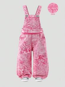 New Baby Girls Washed Denim Embroidered Casual Everyday Versatile Bib Overalls - Pink - View 1