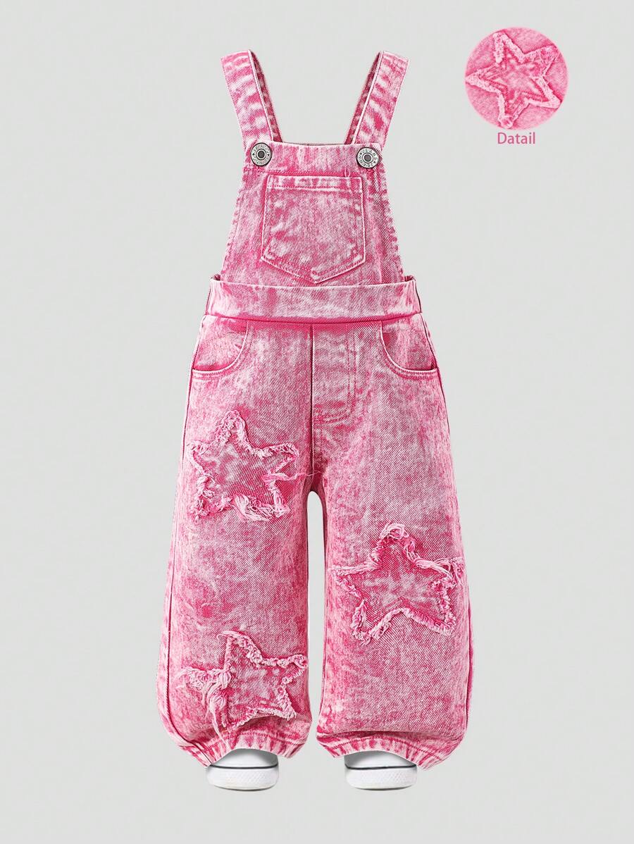New Baby Girls Washed Denim Embroidered Casual Everyday Versatile Bib Overalls - Pink - View 1