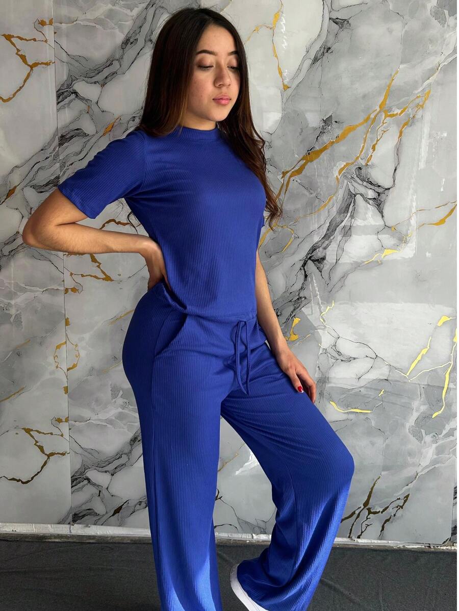 Mock Neck Tee & Slant Pocket Pants - Royal Blue - View 1