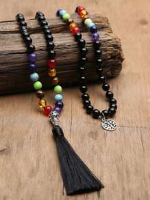 Japamala 108 Beads Natural Stone Black Agate & 7 Chakra Mala Necklace Spiritual Meditation Yoga Jewelry For Women ,Negativity Repellent,Boosts Confidence