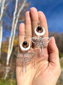 2 件波西米亚时尚铜天然石银空心新月蝴蝶吊坠耳环、派对礼物和日常服装配饰 - 彩色 - 查看 11