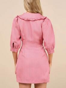 女士时尚粉色粗花呢圆领短款溜冰裙 - 藕粉色 - 查看 2