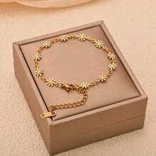 1pc Women Stainless Steel Colorful Daisy Flower Chain Bracelet, Fashion Everyday Versatile - Multicolor - View 5