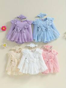 Newborn Baby Girls Romper Dress 3D Flower Bow Long Sleeve Lace Tulle Dress Bodysuit Headband Sets Adorable Ribbed Outfits - 卡其色 - 查看 2
