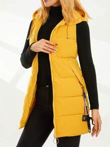 Women Down Jacket Waistcoat Solid Color Drawstring Hooded Sleeveless Zipper-Up Vests Autumn Winter Casual Warm Outerwear