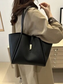 New Solid Color Luxury Feeling Versatile Women Shoulder Tote Bag - Black - View 4