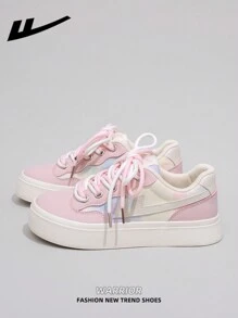 WARRIOR 1 Pair Women's Lace-Up White Thick Sole Skate Shoes, Low-Top Casual Outdoor Flat Sneakers, Breathable Summer Canvas Shoes, Versatile Lightweight Skateboard Inspired Fashion Comfortable Athletic Sneakers - White/Pink - View 2