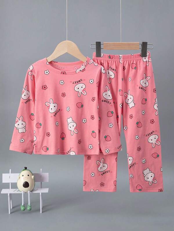 4pcs/Set Young Girls Cute Bear & Strawberry Rabbit Print Thin Sleepwear Long Sleeve Top & Long Pants Pajama Set, Spring/Summer