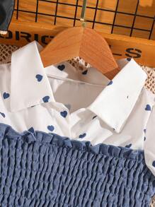 2 件套年轻女孩夏季套装，领口心形印花褶皱上衣和牛仔效果裤，时尚服装 - 藍色 - 查看 3