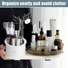 Caja de exhibición de cosméticos giratoria de 360 ​​​​°, almacenamiento de cosméticos de gran capacidad, con particiones, material plástico pulido, soporte elástico, sin fragancia especial, adecuada para productos para el cuidado de la piel y herramientas de maquillaje, puede acomodar al menos 20 pinceles de maquillaje / delineadores de ojos, 10 lápices labiales y 8 productos para el cuidado de la piel - Blanco - Ver 6