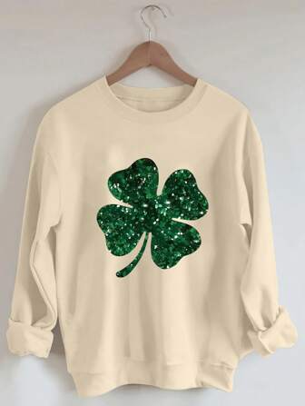 Women's St. Patrick's Day Glitter Clover Sweatshirt, 100% Polyester Crew Neck Knit Fabric, Spring And Autumn Casual Long Sleeve Tops
