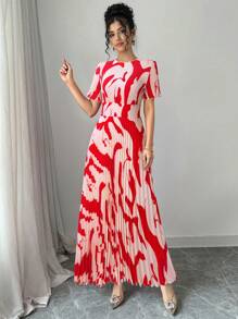 修身优雅红色褶皱连衣裙女款纯色皱褶时尚年轻百搭优雅轻盈花卉中长连衣裙夏季 - 紅色 - 查看 3