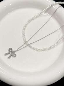 1pc Exquisite Double Layer Rhinestone Bowknot Faux Pearl Necklace, Elegant Delicate Choker & Clavicle Chain Accessory For Women