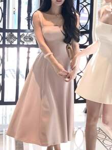 Romantic Pink Square Neck Elegant A-Line Sleeveless Midi Spring Summer Graduation Dress - Baby Pink - View 6