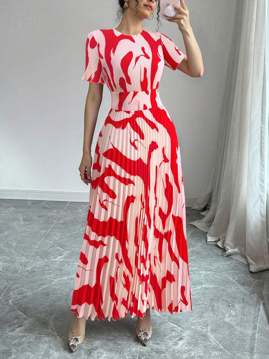 修身优雅红色褶皱连衣裙女款纯色皱褶时尚年轻百搭优雅轻盈花卉中长连衣裙夏季 - 紅色 - 查看 1