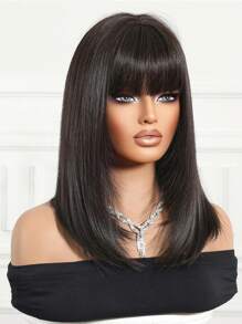 14英寸黑色短款波浪卷发假发，带刘海，层次分明，时尚合成纤维材质，舒适自然，适合度假、聚会和日常佩戴。 - 黑色 - 查看 8