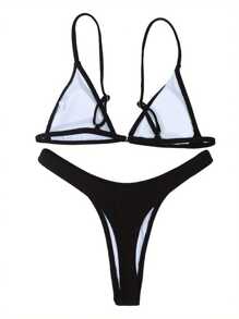 Women Summer 2PCS Bikini Sets Solid Color Sleeveless Ribbed Bra + Low Waist Thong - Black - View 2
