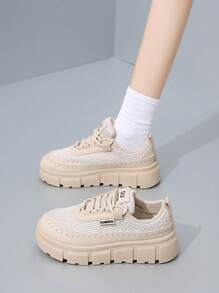 2025 年春季新品白色运动鞋，韩版流行厚底休闲运动鞋，女士/学生街头潮流 XT168 - 米色 - 查看 3