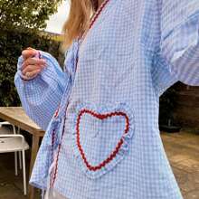 Women Plaid Tie Front Top Cute Trim Patchwork Shirt Summer Y2k Puff Long Sleeve V Neck Lace Up Loose Blouse Heart Embroidery Babydoll Shirts Cute Spring Tops - 藍色 - 查看 4