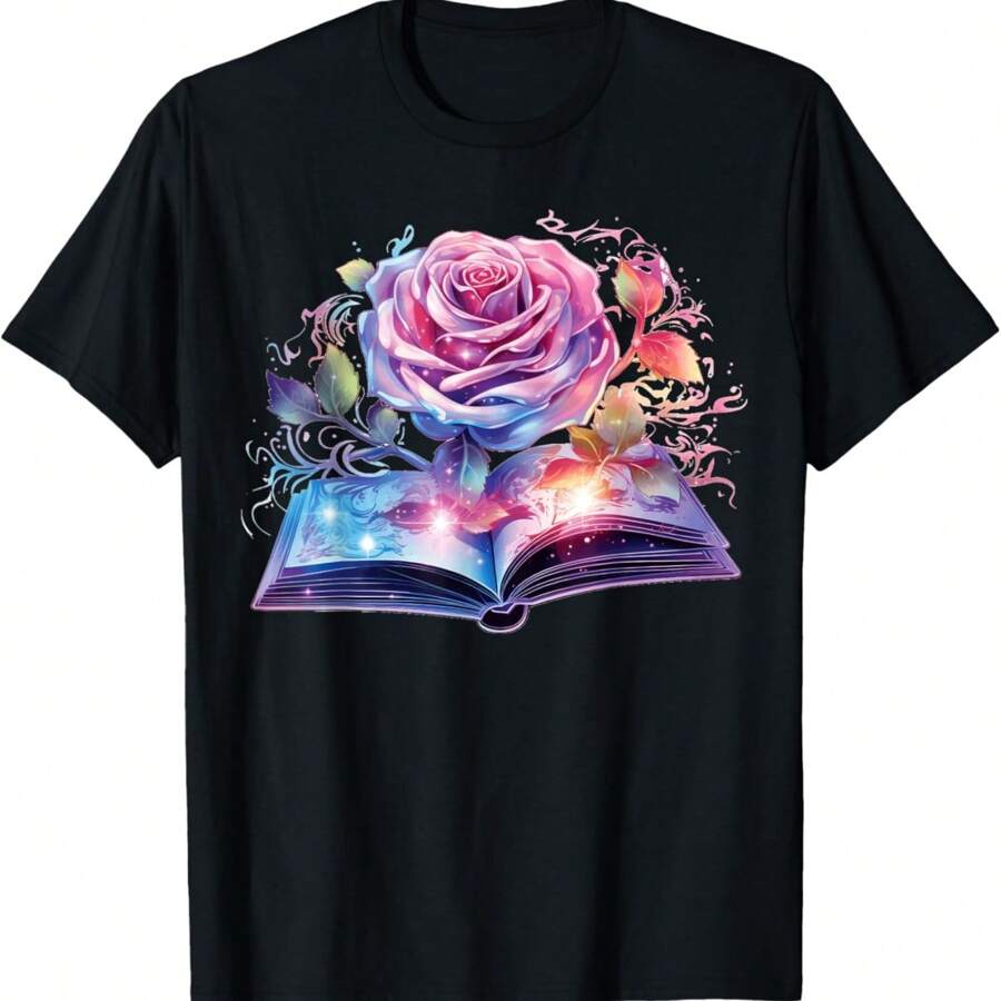 Women's Pastel Rose Book Retro Fantasy Art Book Lover T-Shirt - màu đen - Xem 1