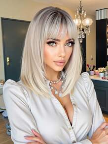 14-Inch Brown Gradient Gold With Layered Bangs Mid-Length Straight Hair Synthetic Woven Synthetic Fiber Wig Women's Wig For Holiday Travel Home Party Cosplay Everyday Use - 漸變金色 - 查看 1