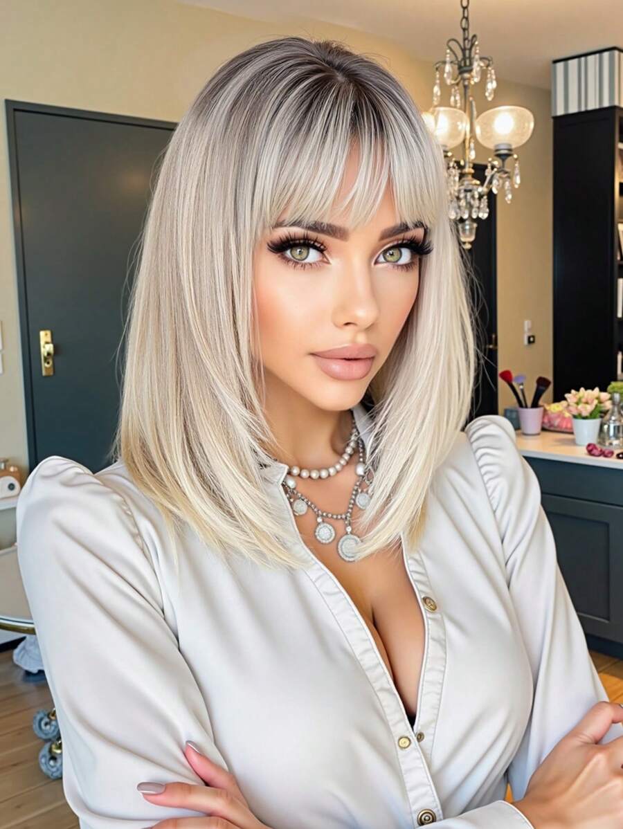 14-Inch Brown Gradient Gold With Layered Bangs Mid-Length Straight Hair Synthetic Woven Synthetic Fiber Wig Women's Wig For Holiday Travel Home Party Cosplay Everyday Use - 漸變金色 - 查看 1