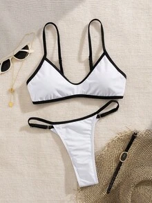 PEPPERMOLLY 对比色可调节肩带优雅派对比基尼套装，女士时尚沙滩泳装，适合夏季度假
