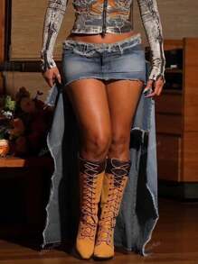 Y2K Street Vintage Edge Washed Frayed Ripped Raw Tirm Asymmetrische Zoom Tweezijdige Draag Bodycon Denim Rok Knoopsluiting Om Denim Mini Rok Te Laten Zien Hottie Festival Outifts