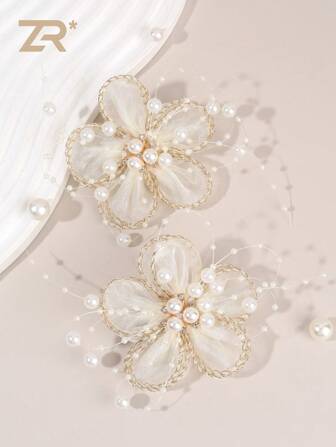 2个小花朵发夹，精品发卡，适合女孩青少年，仿珍珠装饰，鳄鱼夹，发卡，超仙女时尚发饰，爪夹，学习用品