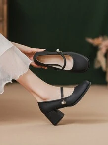 Damskie buty na wysokim obcasie, nowe style wiosenne i jesienne, okrągłe czubki, niskie, klamra, uniwersalne czarne skórzane buty, antypoślizgowe, z miękką podeszwą, wygodne, na grubym obcasie, brytyjskie buty damskie typu Mary Jane