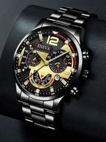 4pcs Quartz Watch Set For Men - Business Style Necklace, Bracelet, Ring, Stainless Steel Watch With Precise Date Display, Comfortable, Suitable For Casual And Sports - Ideal Gift For Him - Black - View 3